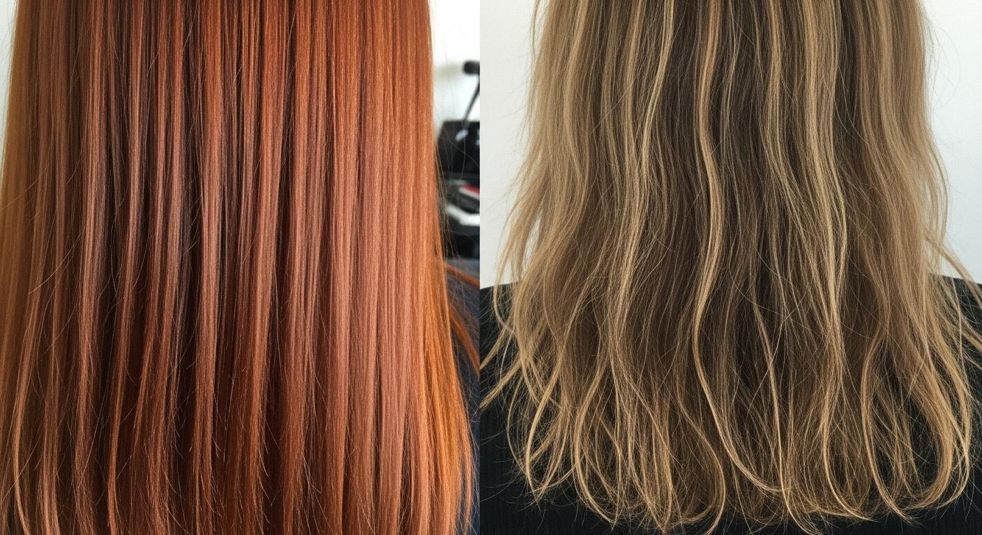 Comparison showing healthy hair from natural coloring versus damaged hair from chemical dyes