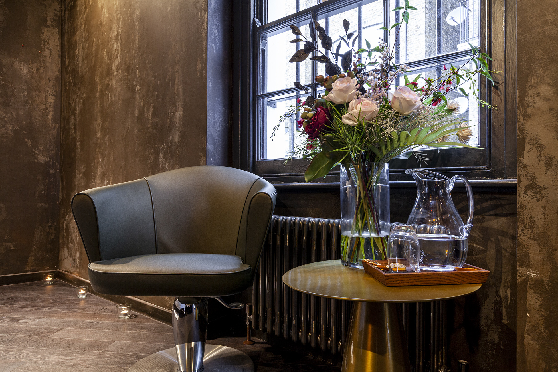 Elegant seating area with floral arrangements