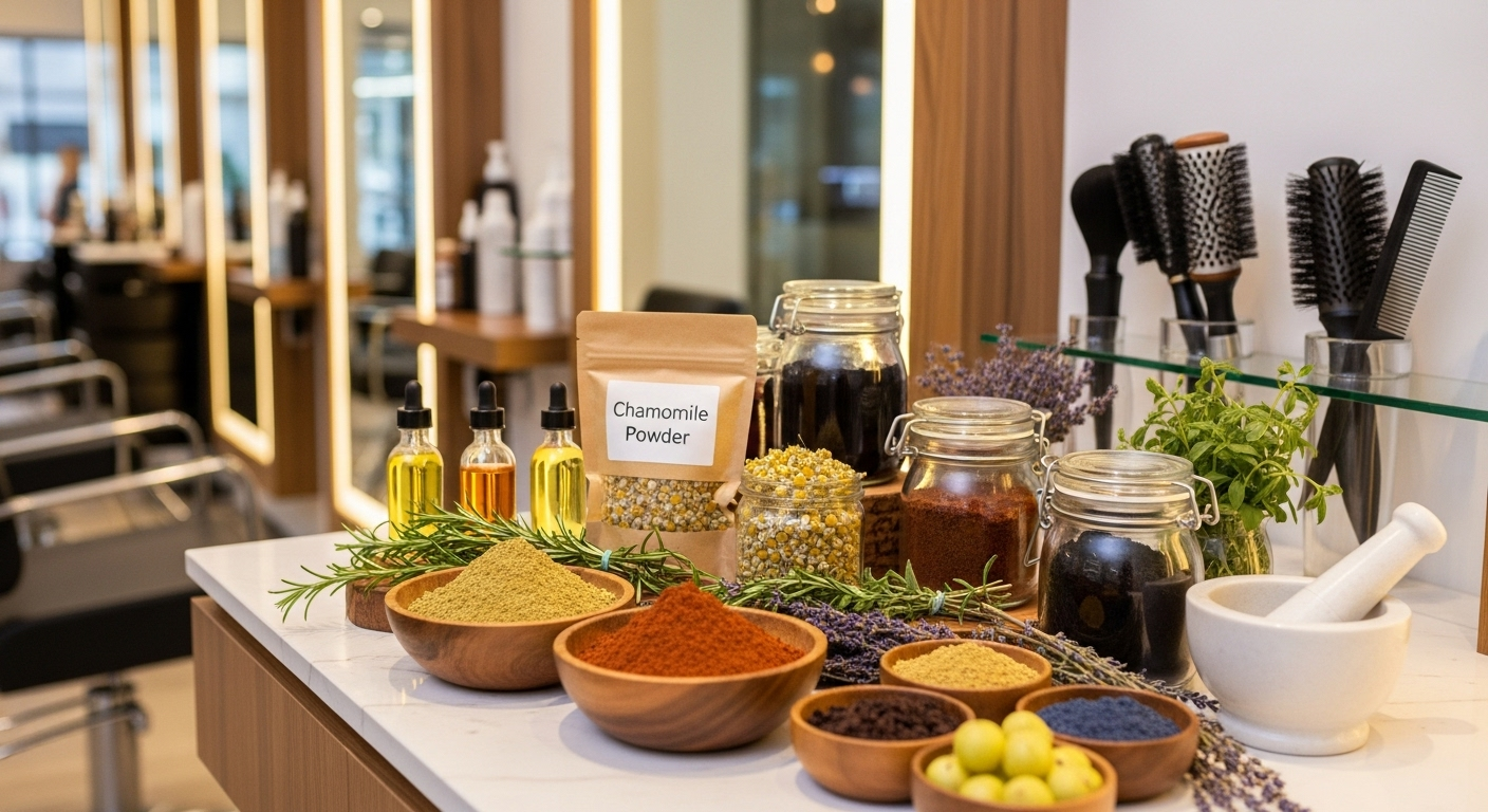Professional display of natural hair coloring ingredients including henna and plant-based dyes