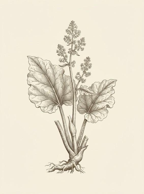 Rhubarb — Rheum rhaponticum, botanical engraving