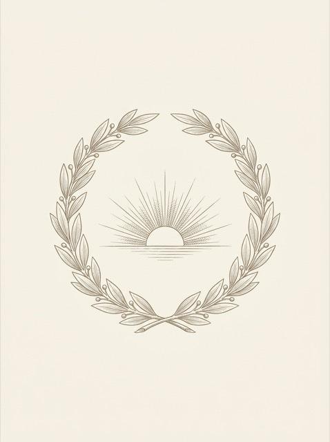 Engraving of a laurel wreath around a rising sun